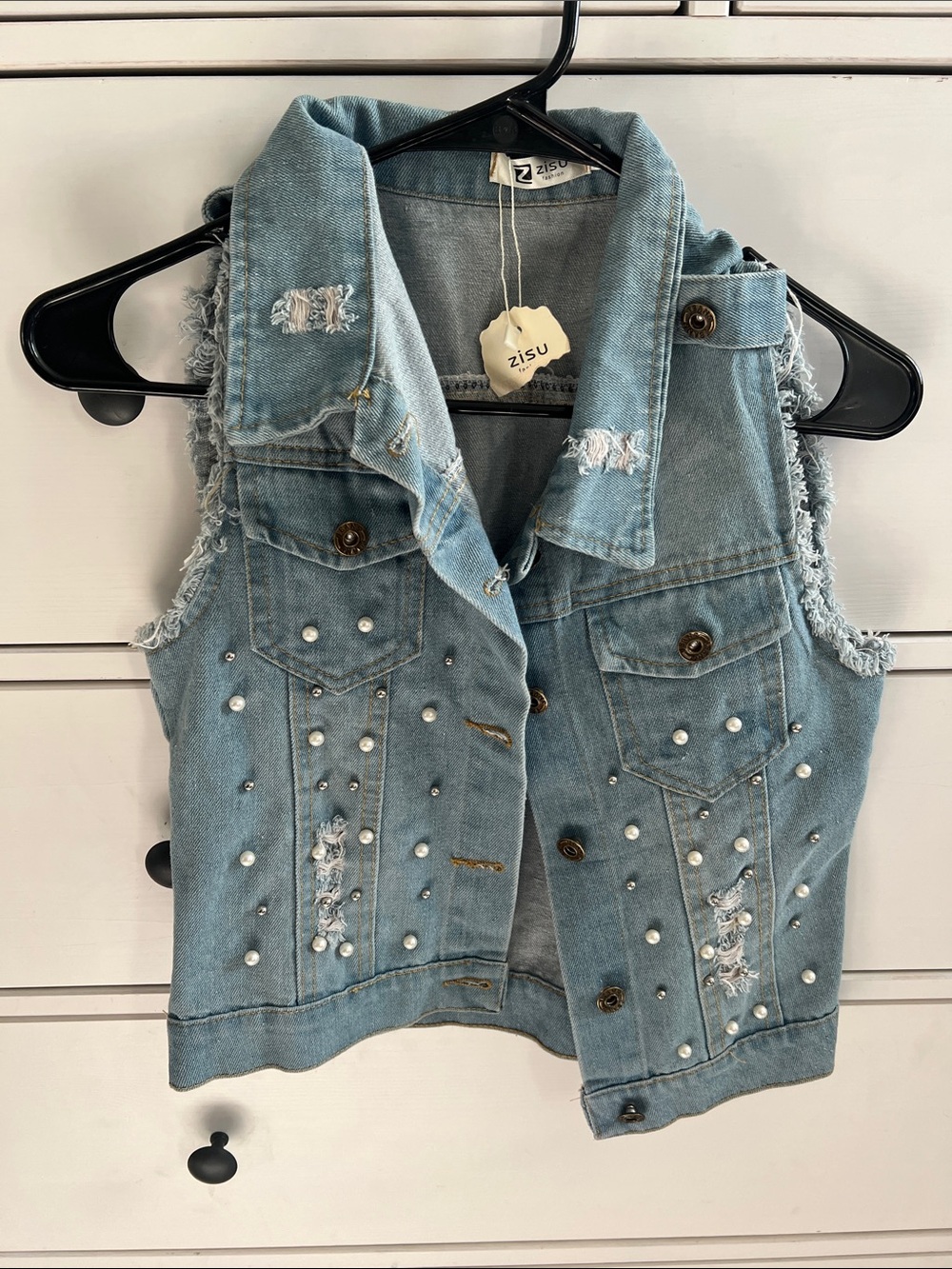 Girls' Light Blue Distressed Denim Vest with Pearl Studs